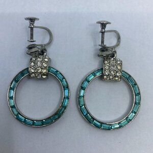 Vtg TRIAD art deco turquoise rhinestone crystal dangle screw earrings